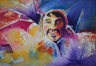 Aquarellbild einer bunten Fasnachtsgestalt